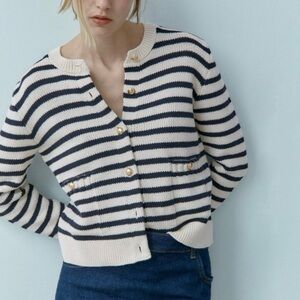 Zara Navy Striped Button-Front Cardigan